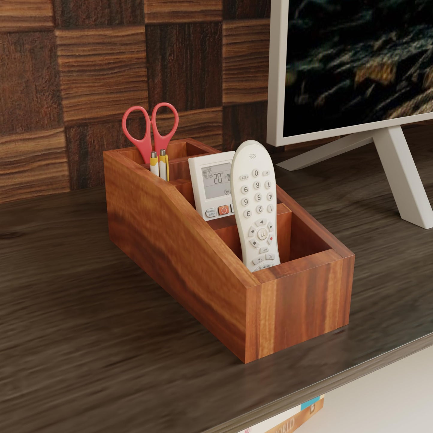 MURALICRAFT Wooden Desk Organizer For Remote | Multipurpose Pen And Pencil Holder Stand For Office | 4 Compartments | 20x8x7.5 CM | Brown