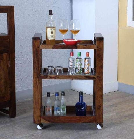 Murali Craft Sheesham Wood 3-Tier Bar Trolley – Teak Finish
