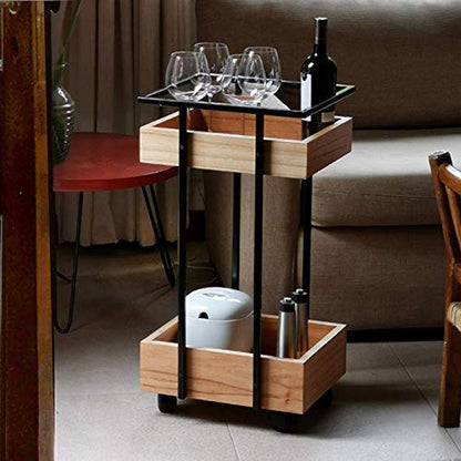 Murali Craft Solid Sheesham Wood 2 Tier Rolling Wine Bar Trolley