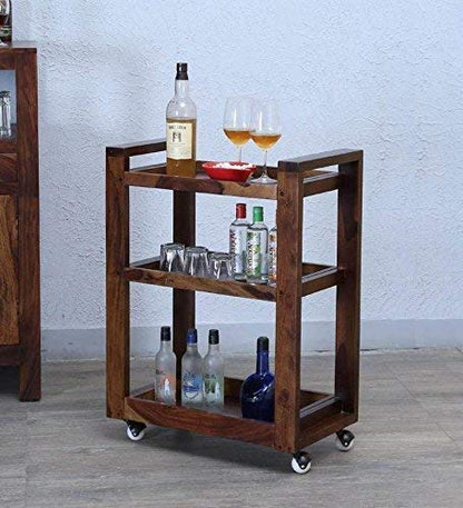 Murali Craft Sheesham Wood 3-Tier Rolling Bar Trolley