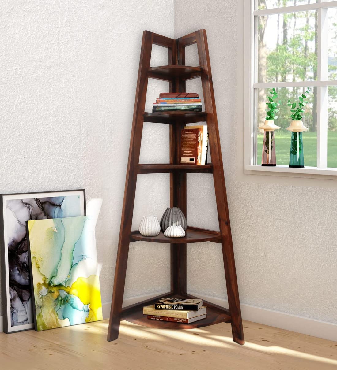 MURALICRAFT Sheesham Wood Floor Standing Shelf | Corner Shelf For Living Room | Wooden Corner 5 Tier Ladder Shelves For Bedroom | Decorative Corner Home Decor Bookcase | Corner Shelf For Office
